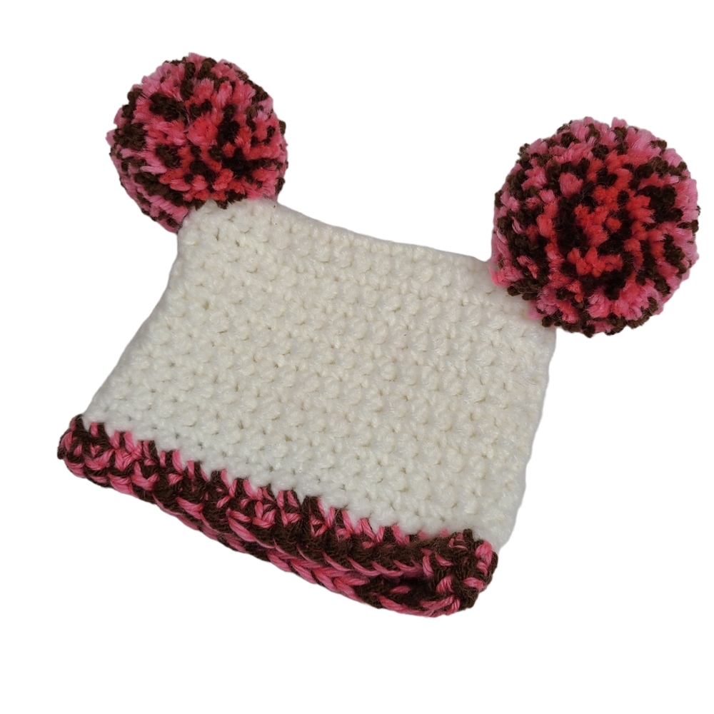 Handmade Knit Toddler Baby Girl Pom Pom Hat Pink White New One Size